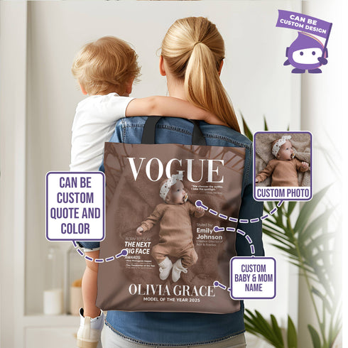 Personalized Vogue Style Baby Tote Bag – Custom Name & Photo Gift for Stylish Moms